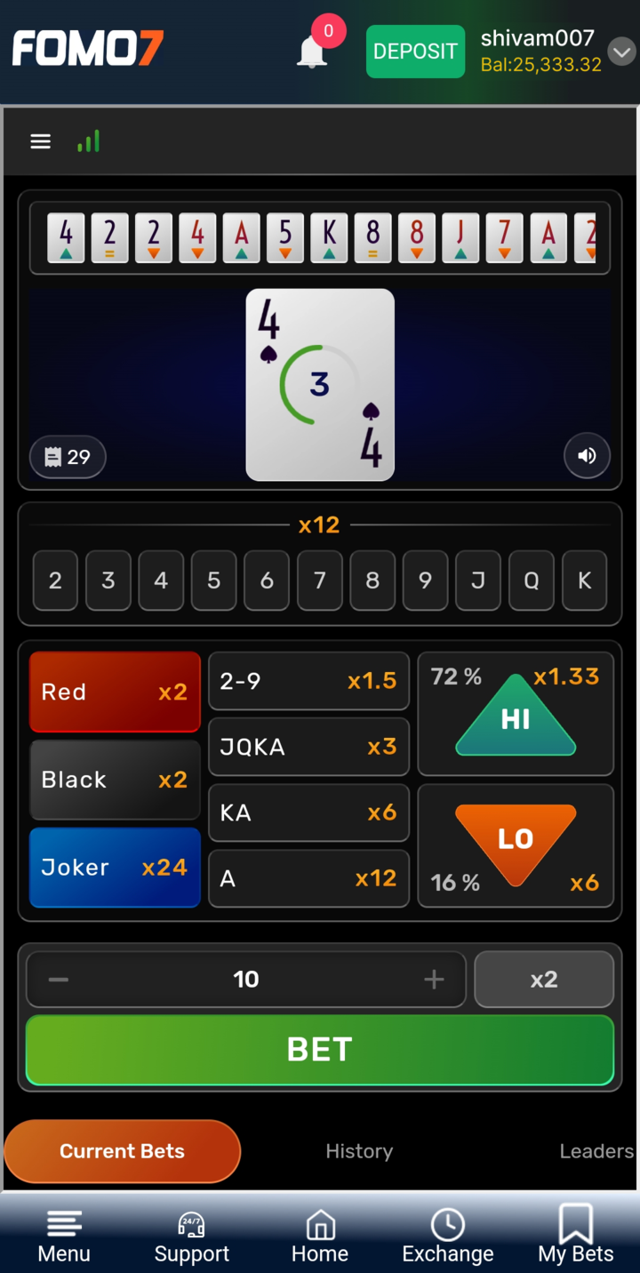 FOMO7 India HiLo game screen showing revealed 4 card with Red, Black, Joker, High and Low betting options.