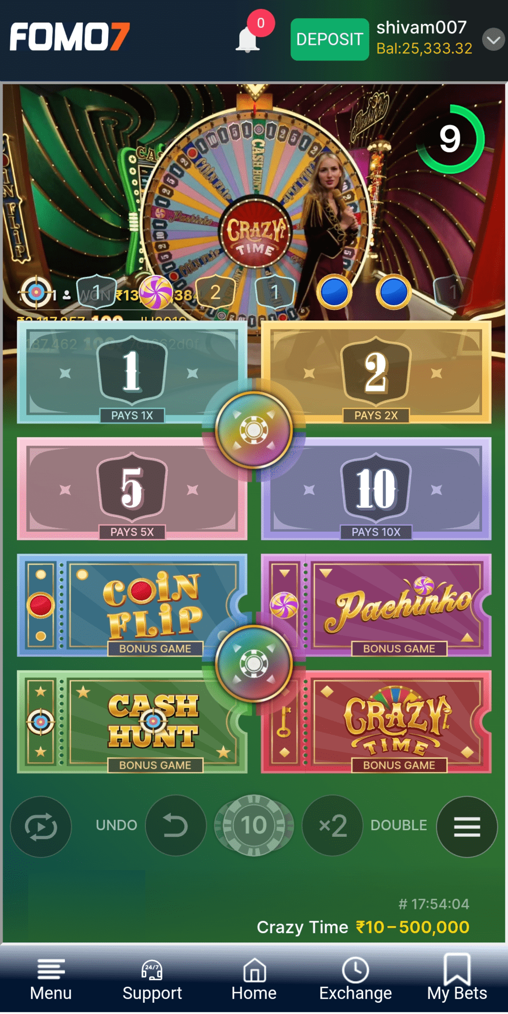 ChatGPT said: FOMO7 India Crazy Time live game screen with spinning wheel, host, betting options, and bonus games interface.