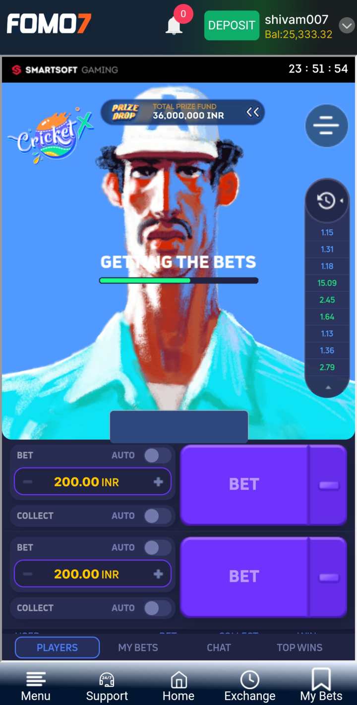 FOMO7 India CricketX betting screen showing player portrait art, live multipliers panel, and active bet controls.