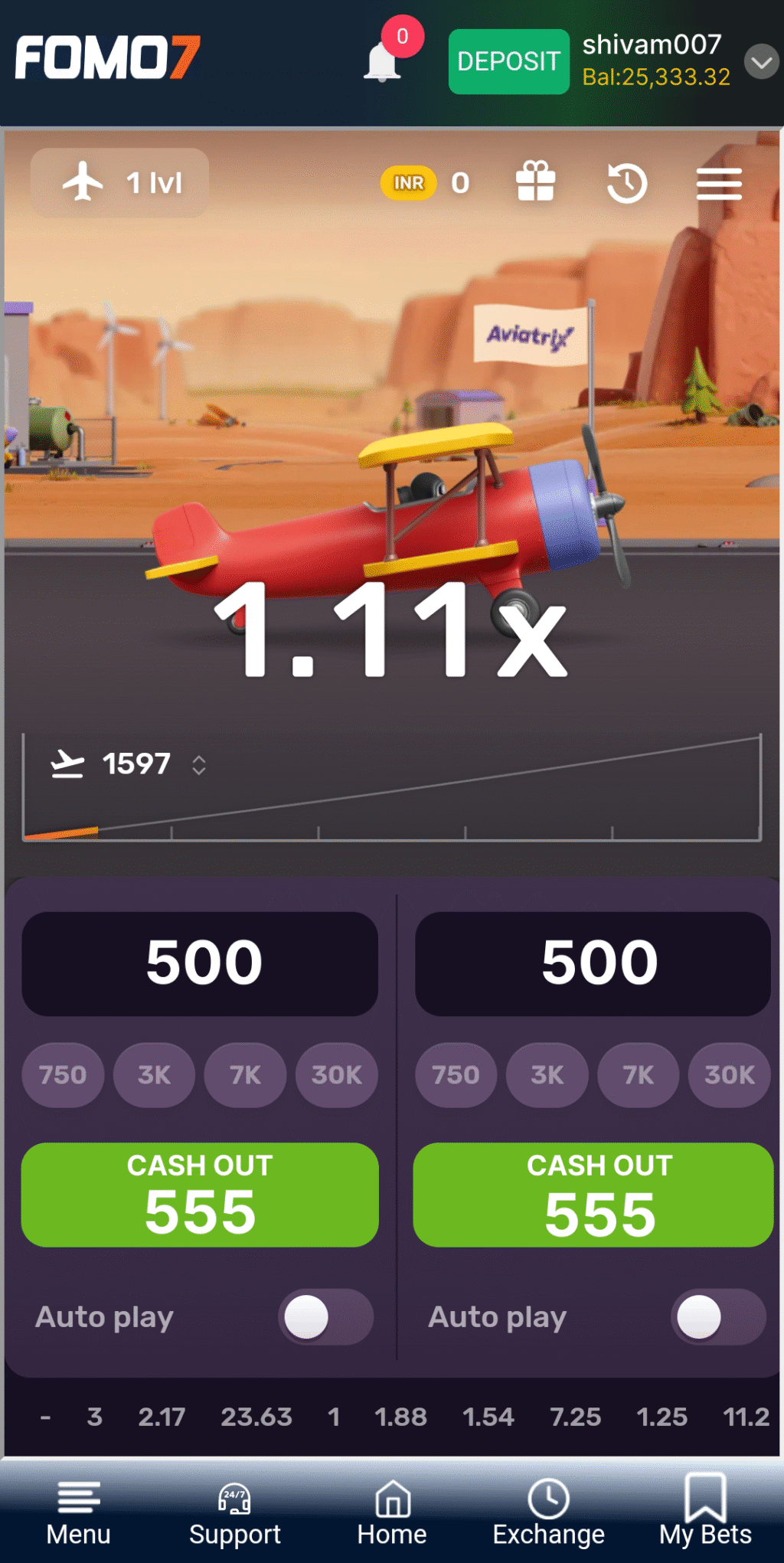 Aviatrix game screen showing rising multiplier, plane animation, and cash-out options in FOMO7 India.