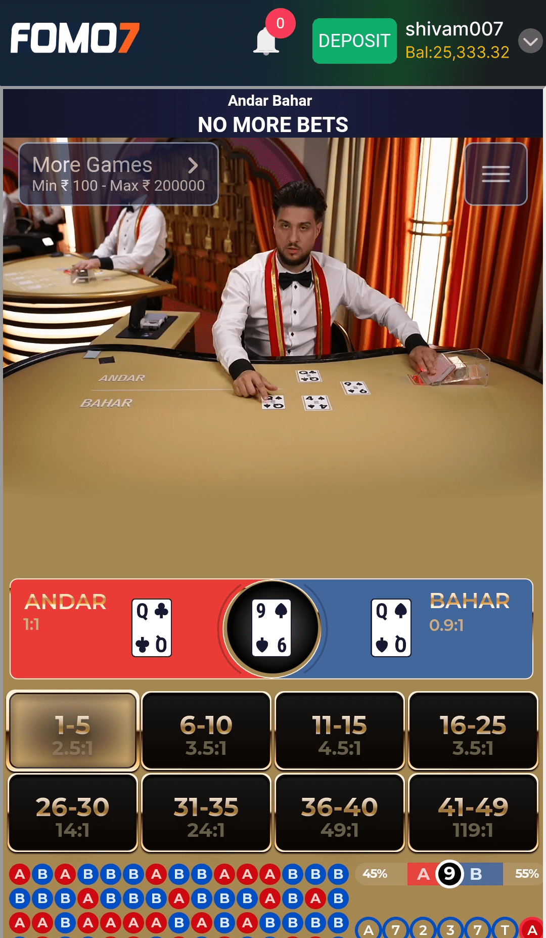 FOMO7 India Andar Bahar table showing No More Bets, dealer, drawn cards, bet options, and game tracker.