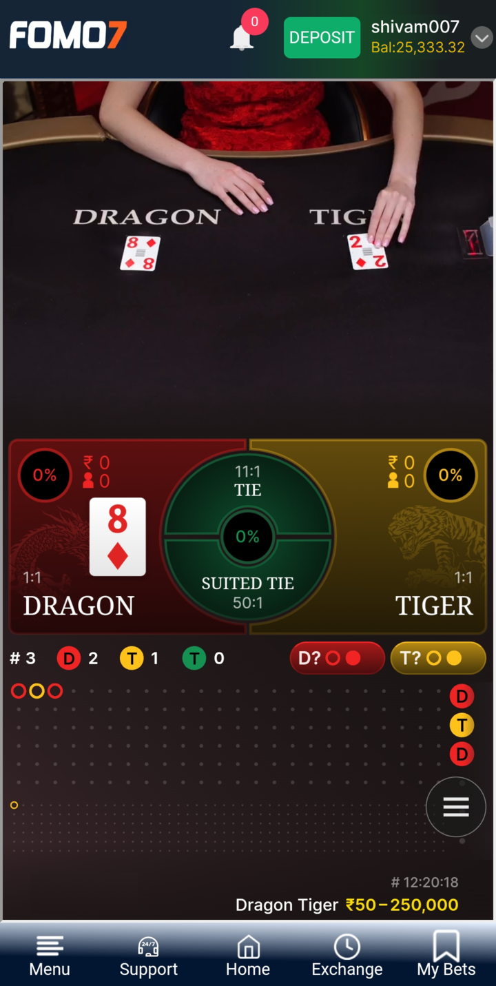ChatGPT said: FOMO7 India Dragon Tiger live casino table with dealer hands, card results, betting layout, and real-time score display.