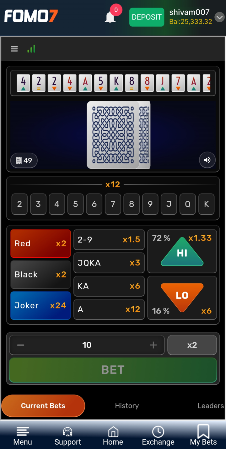 FOMO7 India HiLo game screen showing face-down card with Red, Black, Joker, High, and Low betting options.