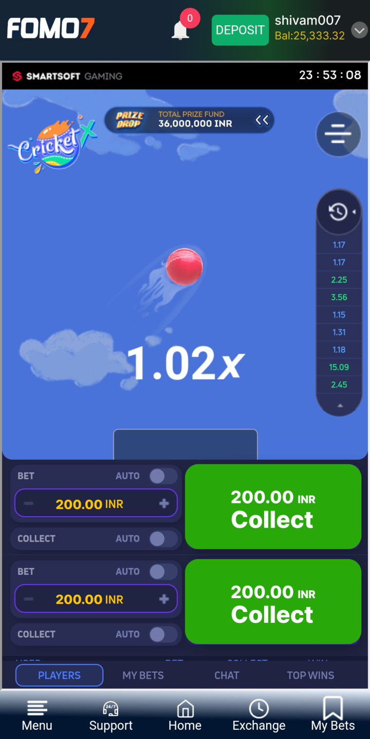 ChatGPT said: FOMO7 India CricketX crash game screen with flying ball, live multiplier display, and Collect betting controls.