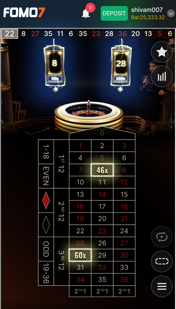 Lightning Roulette screen showing boosted numbers 8 and 28 with multipliers, plus a highlighted 46x and 60x win on FOMO7 India.