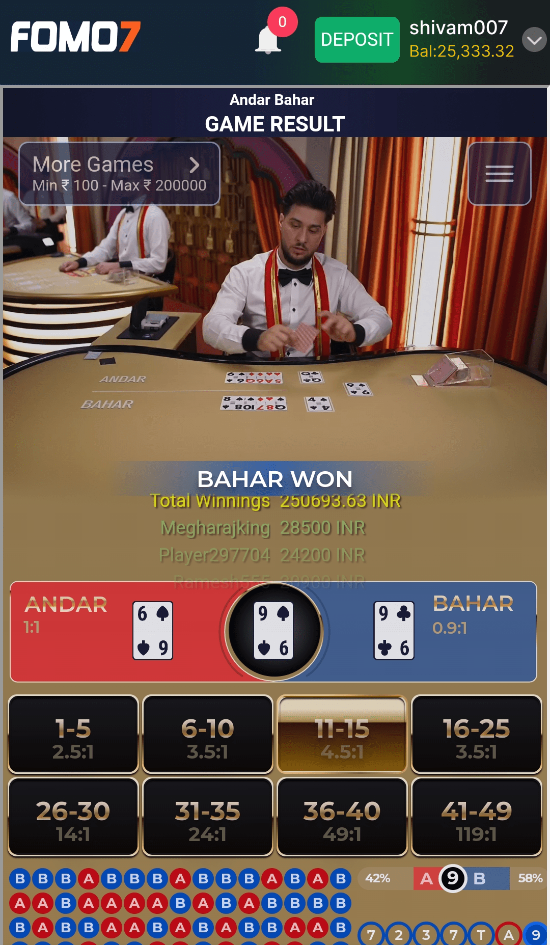 FOMO7 India Andar Bahar game result screen showing dealer, winning side Bahar, cards, and payout details.