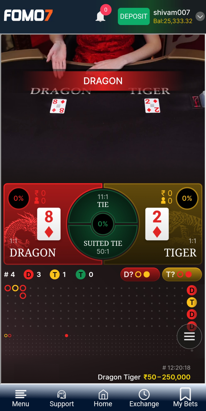FOMO7 India Dragon Tiger live game table with Dragon and Tiger cards, betting interface, and real-time results display.