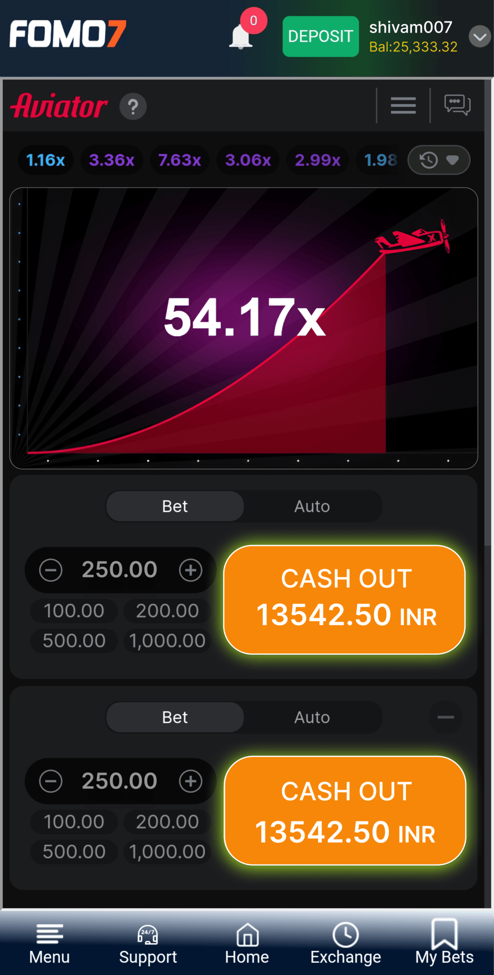 Aviator game screen showing a 54.17x multiplier with active cash-out options in the FOMO7 India interface.