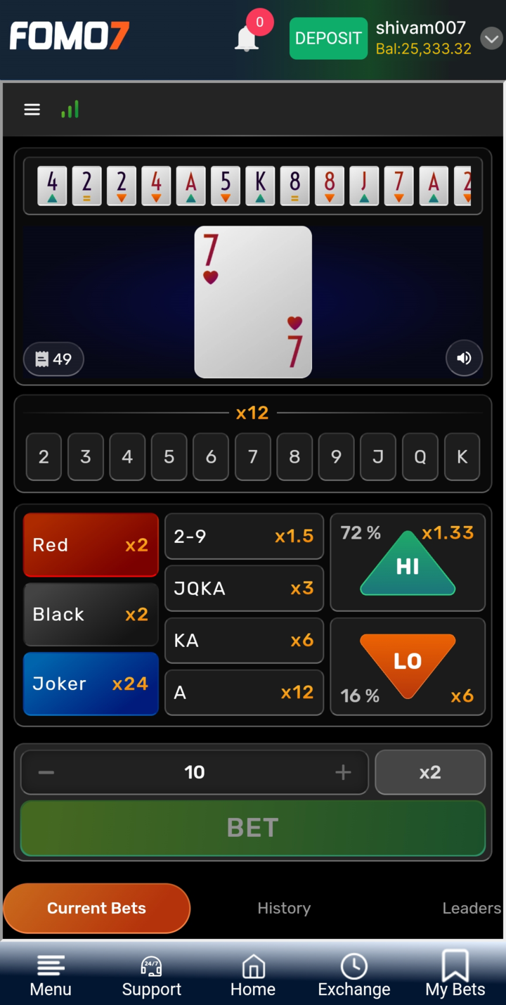 FOMO7 India HiLo game screen showing a 7 of hearts card with betting options for Red, Black, Joker, High, and Low.