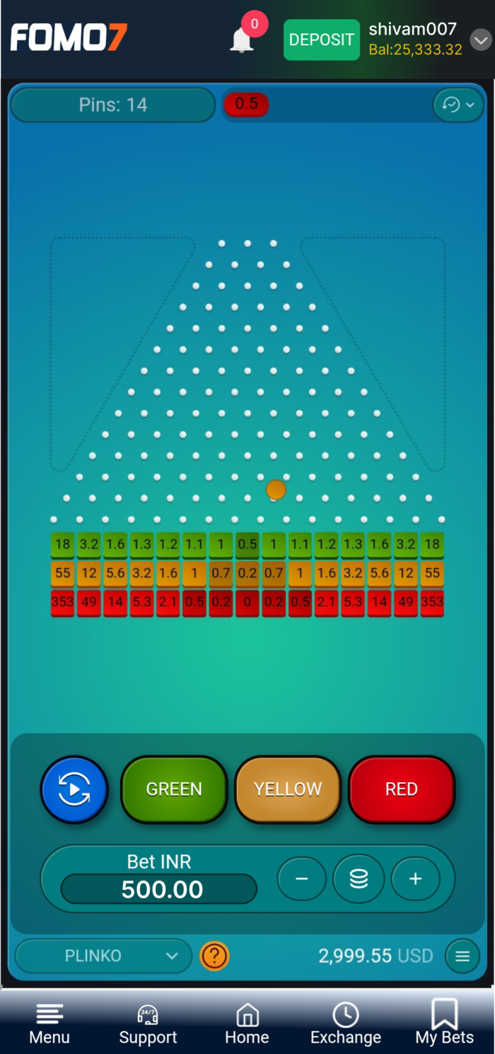 Plinko game screen showing a falling ball, color bet buttons, and multiplier rows, featured gameplay on FOMO7 India.