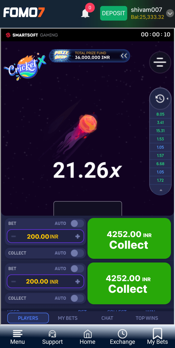FOMO7 India CricketX crash game screen showing rising multiplier, rocket animation, and Collect betting controls.