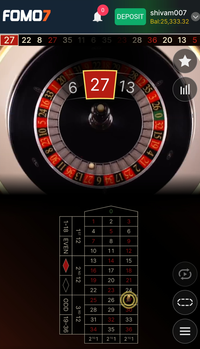Roulette wheel landing on 27 with betting grid displayed below, showcasing live casino action on FOMO7 India.