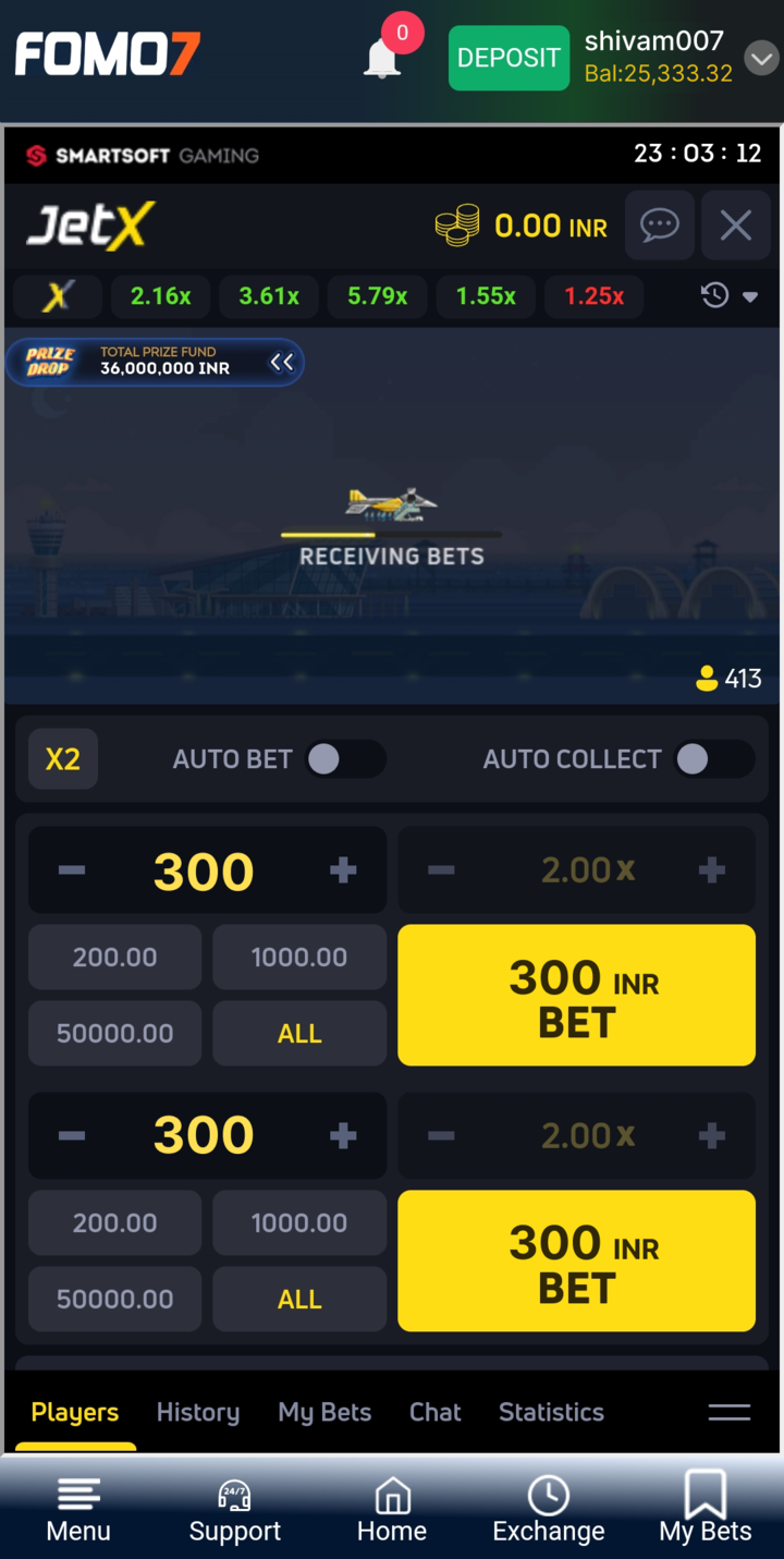 JetX betting screen showing players placing 300 INR bets as the jet awaits launch, highlighting crash gameplay on FOMO7 India.