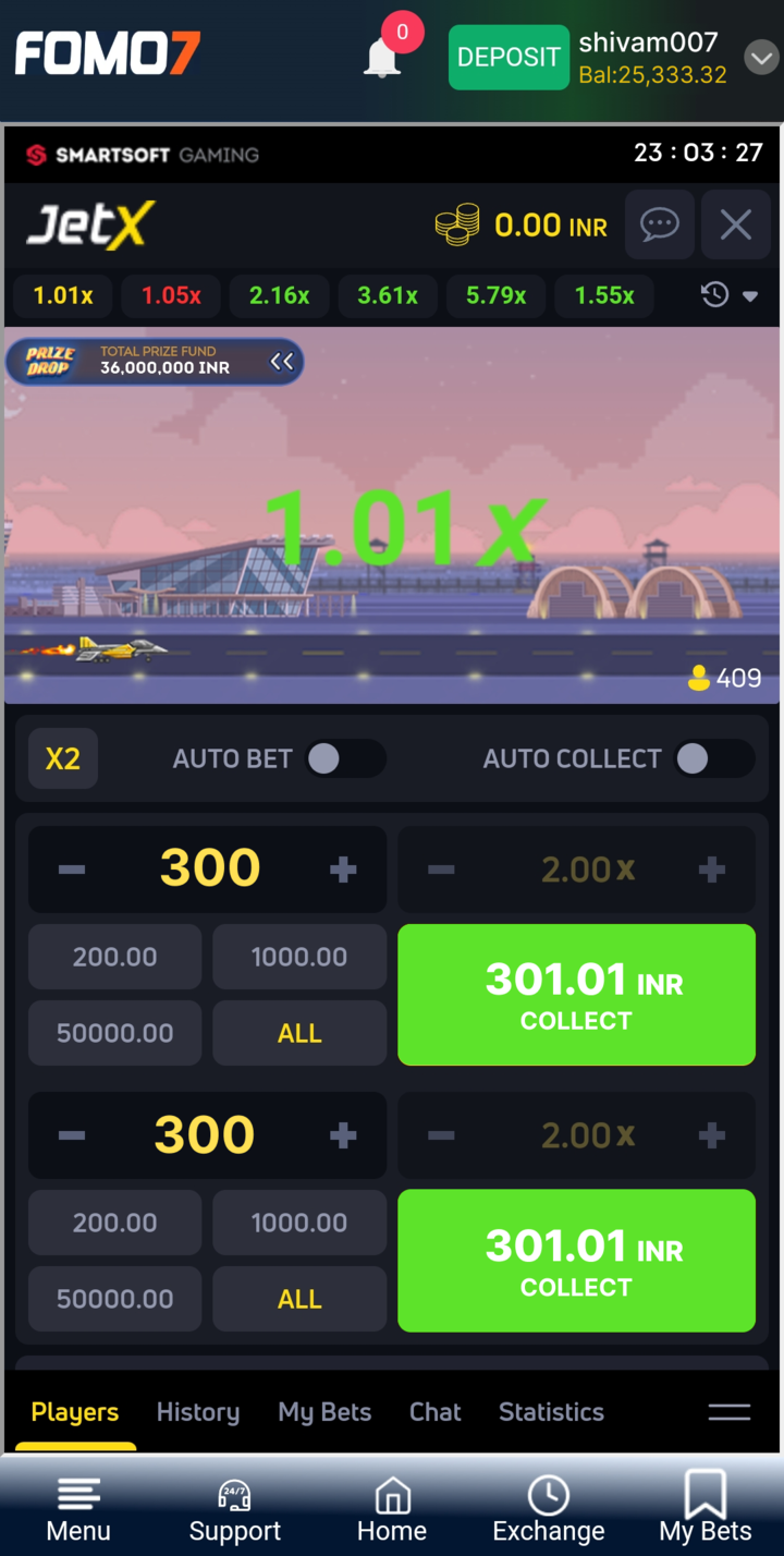 JetX screen showing a 1.01x early multiplier with bet and auto-collect options, highlighting crash gameplay on FOMO7 India.