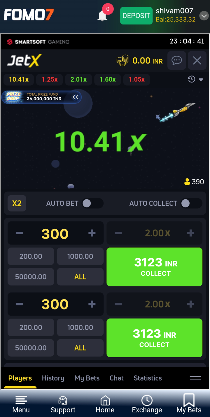 JetX gameplay screen showing a 10.41x multiplier with bet and auto-collect options, highlighting crash gaming on FOMO7 India.