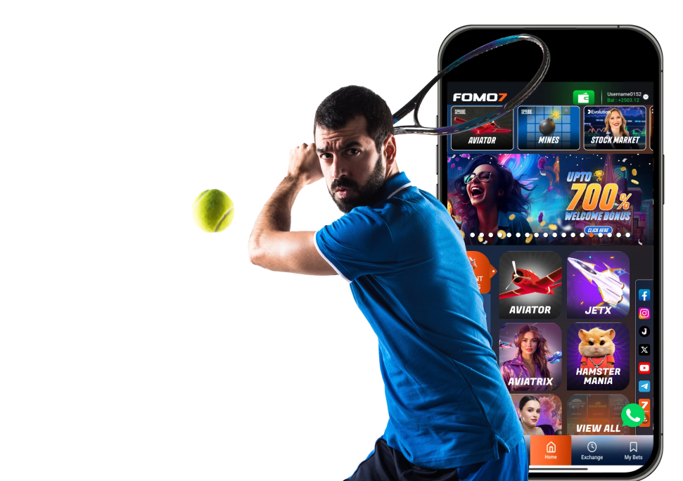 Tennis player swinging a racket in front of the FOMO7 app screen, highlighting fast sports action on FOMO7 India.