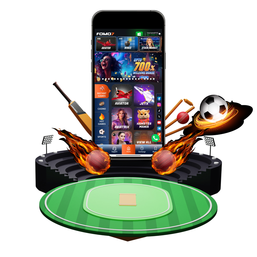 Virtual sports graphic with flaming cricket balls and a football around a FOMO7 app screen, showcasing action on FOMO7 India.