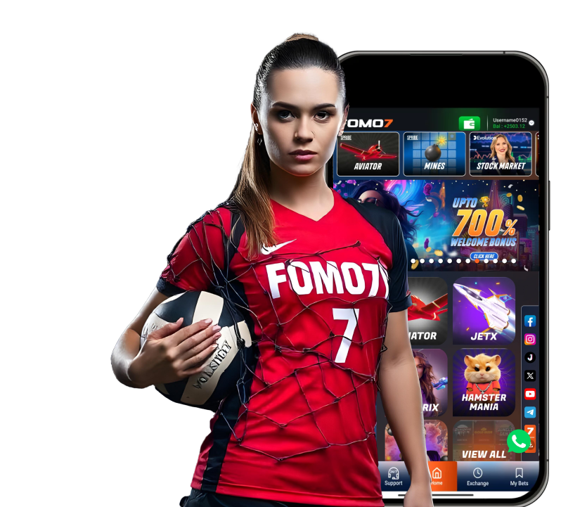 Athlete in a red FOMO7 jersey holding a volleyball in front of a gaming app screen, promoting action on FOMO7 India.