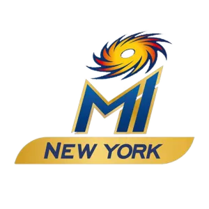 Mumbai Indians New York logo with gold swoosh and blue M, Major League Cricket franchise featured on FOMO7 India