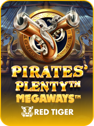 Pirates Plenty Megaways Red Tiger slot icon with pirate guns and gold showcased on FOMO7 India.