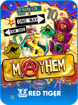 Mayhem slot game icon by Red Tiger with vibrant street signs and symbols featured on FOMO7 India.