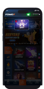 FOMO7 India homepage highlighting JetX as a featured game with vibrant graphics and instant game categories.