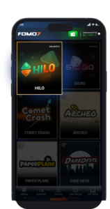 FOMO7 India instant games menu featuring the HiLo card game along with other quick-play titles.