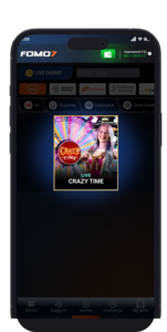 A mobile screen of the FOMO7 India Live Casino section showing the 'Crazy Time' live game thumbnail highlighted.