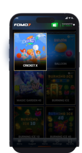 FOMO7 India casino game menu featuring Cricket X as a highlighted title among slot and arcade-style game options.