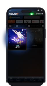 FOMO7 India game menu highlighting the JetX crash game under instant games for quick play access.