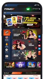 FOMO7 India app homepage showing popular casino, live casino and slot games with quick navigation for players.