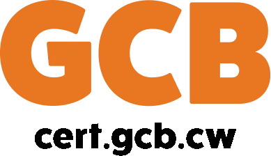 The logo for GCB (Gaming Control Board) in orange text with the website address cert.gcb.cw underneath.