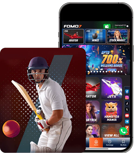 FOMO7 India cricket player graphic beside mobile app screen showing games and bonuses.