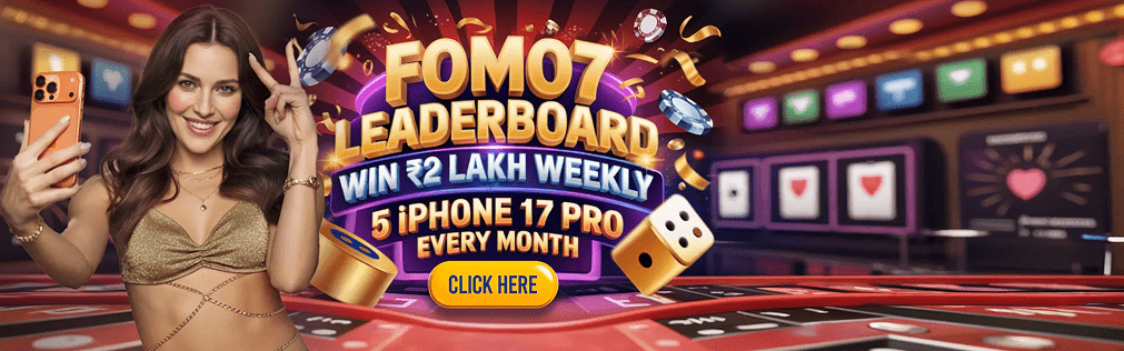 FOMO7 India leaderboard banner promoting weekly ₹2 lakh prizes and monthly iPhone rewards.