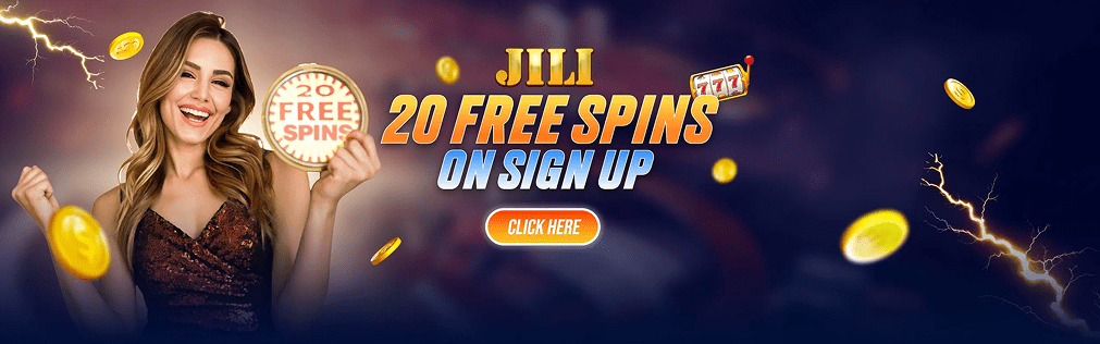 JILI 20 free spins signup banner with smiling woman and coins for FOMO7 India promotions.