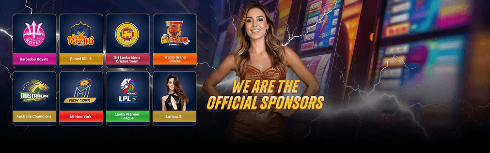 FOMO7 India official sponsors banner featuring partner logos and model in casino-themed background.