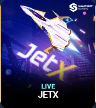 JetX game cover showing a futuristic jet flying with the JetX logo and SmartSoft Gaming branding.